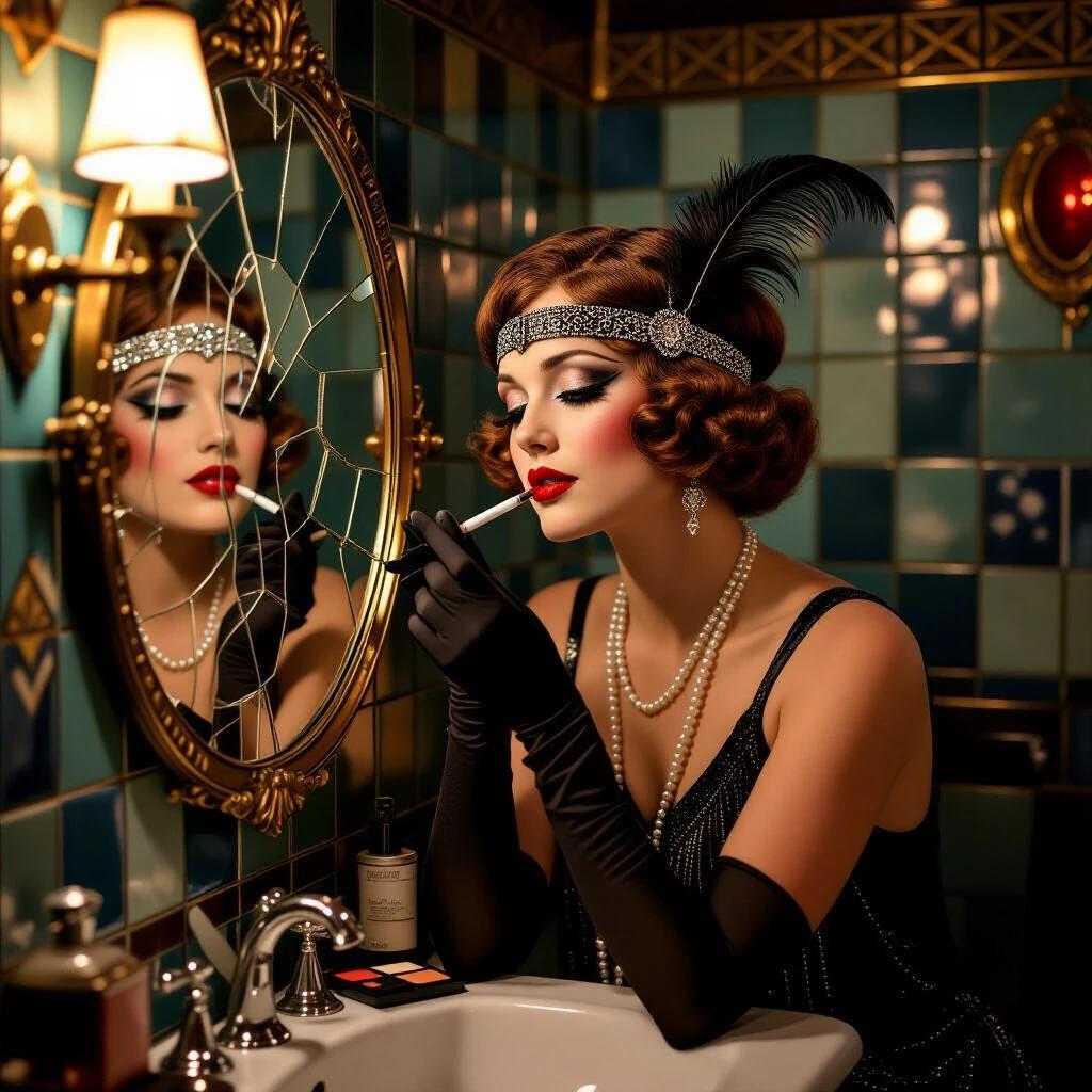 A glamorous flapper fixes her makeup in a cracked mirror. The setting is a speakeasy powder room. Jazz music can be heard faintly. She holds a cigarette holder. The room features rich art deco tiles and moody lighting.