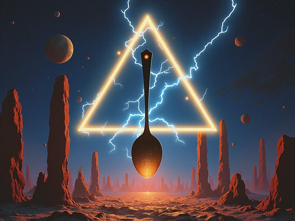 The image titled 'Electrospoon' is a surreal space rock album cover. It features a mysterious cult symbol, a spoon inside a bright triangle, surrounded by striking lightning bolts. Below, the scene is reminiscent of the Pillars of Creation as seen through the James Webb Space Telescope, showcasing towering rocky formations in a cosmic setting. The overall atmosphere evokes a sense of wonder and trepidation, suggesting exploration and the encounter with the unknown, perfect for a thrilling musical experience. This artwork combines elements of fantasy and science fiction, appealing to fans of both genres.