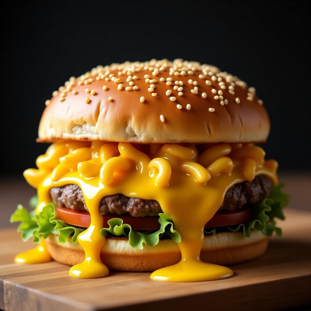 A close-up of a mac and cheese double cheese burger. The burger has a sesame seed bun. It features melted cheese dripping down the sides. There are layers of lettuce and tomato. The burger patty is juicy. The cheese is bright yellow and gooey.