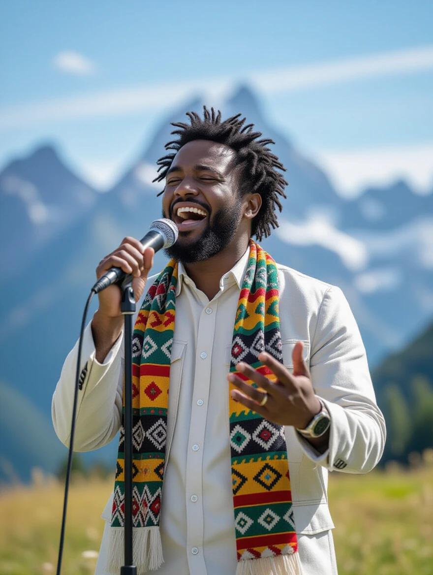 A Gospel singer performing in the mountains. The singer has dreadlocks and wears a white suit with a colorful scarf. He is singing passionately into a microphone, surrounded by beautiful mountain scenery.