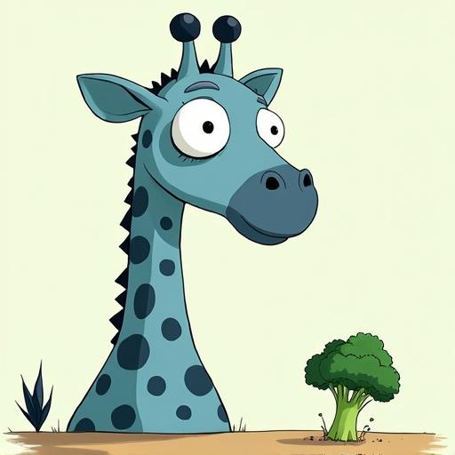 Cartoon of a tall blue giraffe looking at a small broccoli. Exaggerated features and bold colors. Style inspired by Studio Ghibli. Playful and whimsical design.