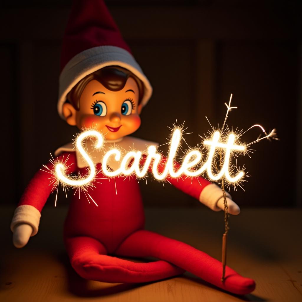 Festive elf character in red and white attire. Sitting in a cozy setting. Holding a sparkler that spells out 'Scarlett'. Background is dark to enhance the sparkler glow. The scene captures the joyful spirit of the holiday season.