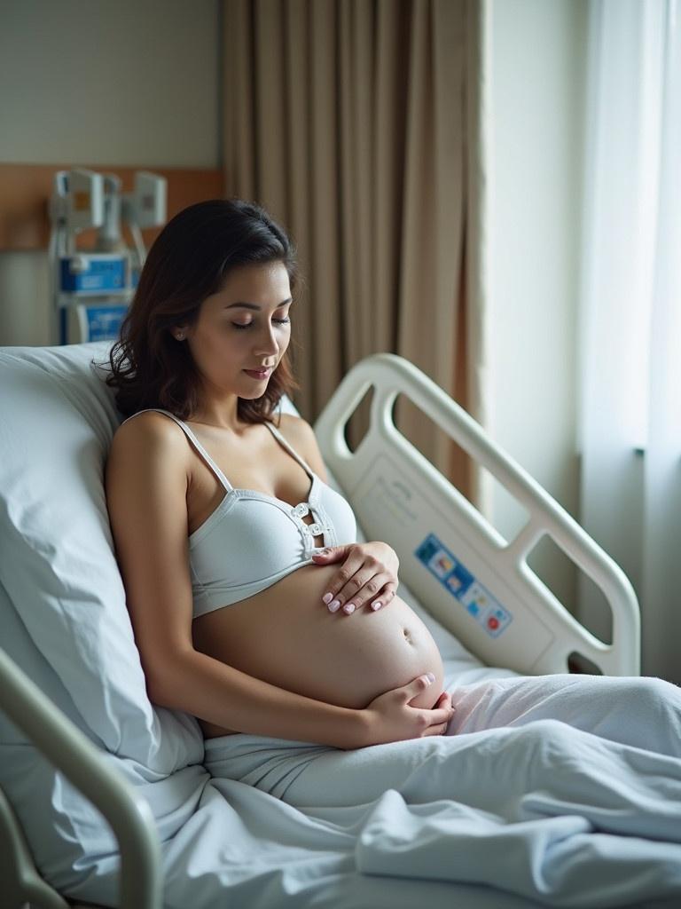 Pregnant woman resting in a hospital bed. Relaxed posture with hands on belly. Bright soothing room with soft light. Hospital environment. Comfortable clothing. Calm atmosphere.