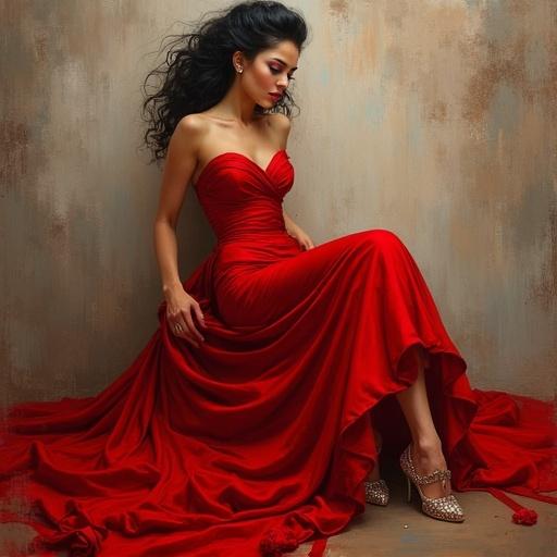Oil painting, detailed airbrush, beautiful woman with black hair styled up, wearing a red dress with gold accents, sitting gracefully, wearing gold high-heeled shoes and fancy jewelry, realistic style.