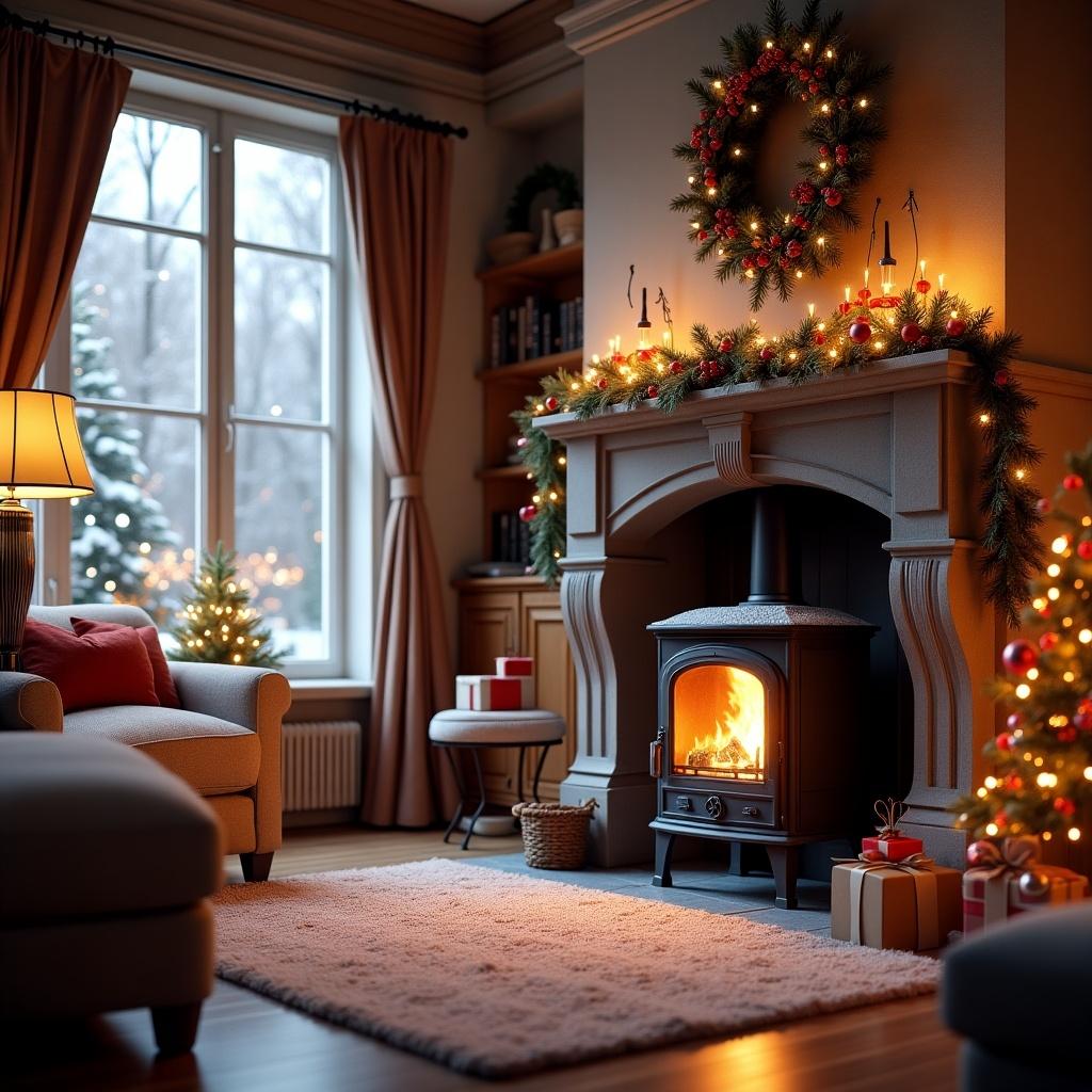 Cozy winter living room with decorated black woodstove. Christmas theme with colorful decorations. Warm happy festive atmosphere. Snowfall visible outside.