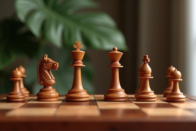Realistic 3D render depicting a wooden chess set featuring hand-carved pieces arranged on a checkered board with a blurred background showcasing peepal leaf patterns. Text overlay states 'CLASSIC CHESS SET'.