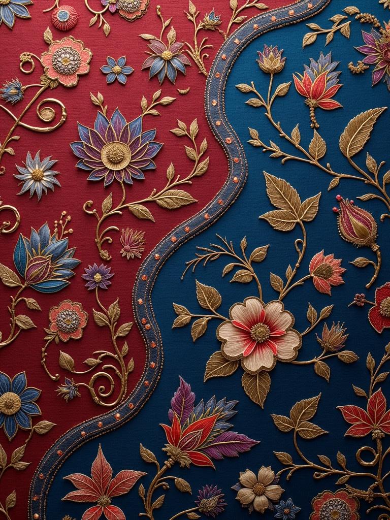 Floral paisley design features intricate floral motifs. The background contains deep royal blue and rich maroon fabric. Delicate golden thread embroidery creates swirling patterns.