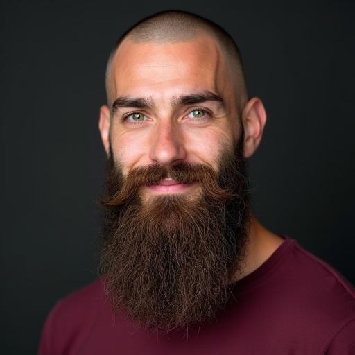 Portrait of a man with green eyes and a long beard. He has a shaved head. The man is muscular and has a shy smile. He is wearing a maroon t-shirt. The image emphasizes natural features and a warm expression.