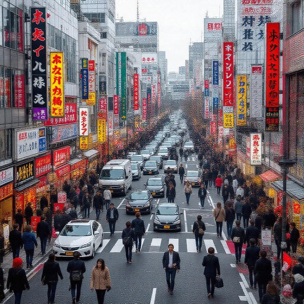 A busy street scene in a city with numerous signs and advertisements. Many people walking along the streets with cars driving. The atmosphere is lively and urban. The photograph highlights the cultural vibrancy.