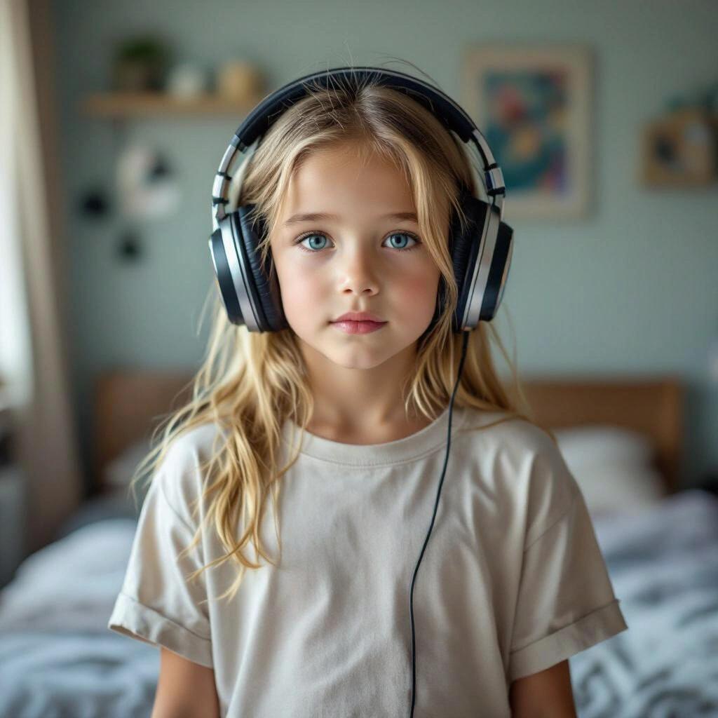 Blonde young girl wearing large headphones in an oversized shirt. She is levitating in her bedroom. The room has a soft and cozy atmosphere with soft blue and beige colors.