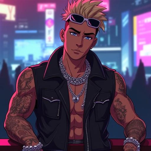 Anime character in futuristic nightclub scene. Young man with spiky hair and sunglasses. Wears hip hop fashion with silver jewelry. Strong build with tattoos. Surrounded by women in a vibrant atmosphere.