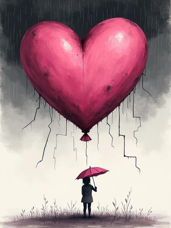 Surreal scene with heart-shaped balloon above a figure’s head. Balloon filled with lightning bolts and rain. Figure holds tiny umbrella. Emotional core emphasized in a minimalist background. Text included: ‘I feel everything too loud’. Whimsical emotional surrealism style with grainy texture.