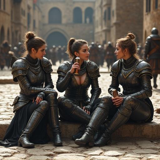 Three female warriors in revealing metal armor. They sit on a stone-paved square, drinking from coarse bottles. Their expressions are free-spirited and slightly intoxicated. Background features other warriors and old buildings in a fantasy setting.