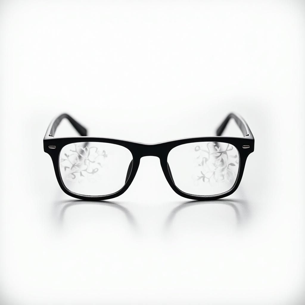 A pair of sleek black eyeglasses centered on a white background. Natural light creates delicate patterns on the lenses. Close-up highlights intricate details. Softly blurred background. Artistic presentation suitable for marketing.