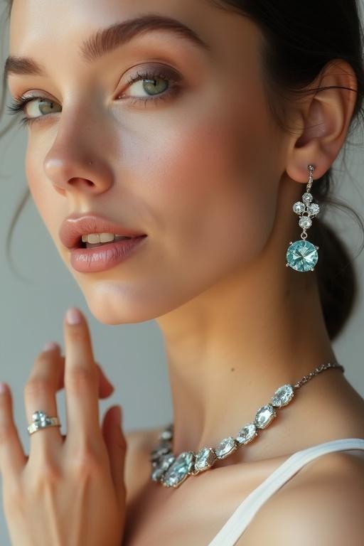 Close-up portrait of a female model. Elegant aquamarine gemstone jewelry. Sparkling aquamarine pendant necklace. Matching earrings and a delicate ring. Soft natural light. Neutral background. Jewelry highlighted. Radiant aquamarine stones. Luxury style with minimal makeup. Focus on jewelry. High resolution and professional lighting.