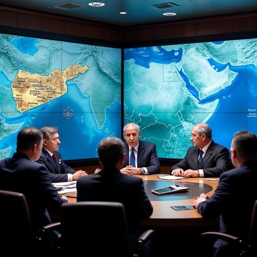 Israeli Prime Minister in a war room with military officials. Meeting with generals and advisors. Analyzing naval attack on Yemen's port. Maps and images displayed. Discussing conflict consequences.