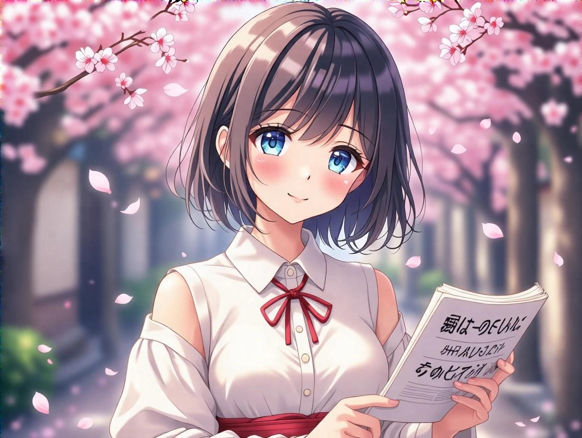 Anime character with short hair. She holds a book and is surrounded by cherry blossoms. The atmosphere is cute and appealing.