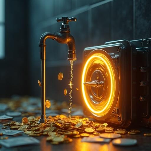 Hyper-realistic scene with a metallic money faucet. Faucet leaking glowing gold coins and fluttering paper bills. Ground below has scattered coins. An energy shield intercepts money flow, directing coins into a futuristic vault. Vault softly illuminated. Dim cinematic environment with shadows and neon reflections. Shield emits a radiant glow, reflecting coins and creating order from chaos.