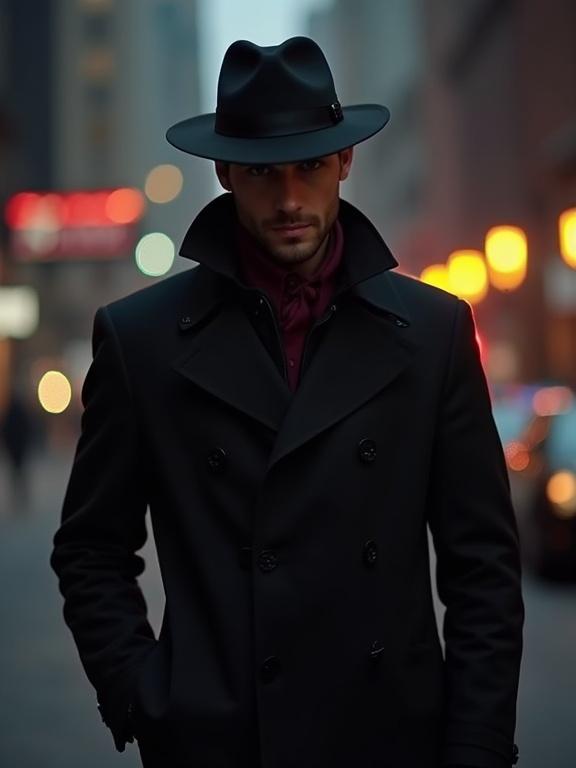 A handsome detective stands in a New York street. Background shows blurred city lights. The figure wears a black trench coat and a dark hat. The photo captures an atmospheric urban setting. Perfect lighting enhances the scene. The image evokes intrigue.