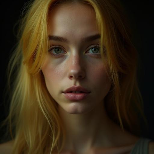 Portrait of a woman. She has captivating eyes and yellow hair. Softly lit against a dark background.