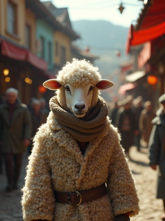 Cinematic scene featuring a human character with a sheep's head in a colorful town filled with people. Soft shadows and intricate details emphasize the wool textures, creating a realistic and immersive atmosphere.