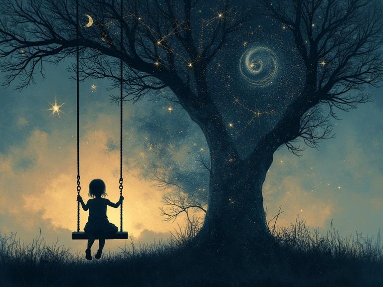 Artistic double exposure image of a child on a swing. Night sky filled with stars and a galaxy. Child's silhouette set against the backdrop of cosmic elements and memories.