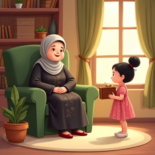 Cozy cartoon-style indoor scene for children's story. Grandmother sits on olive green armchair near window with sunlight. She wears light grey headscarf and black dress. Young girl holds wooden box, excited. Background includes shelves with books. Cheerful and warm atmosphere. Ample blank space for story title.