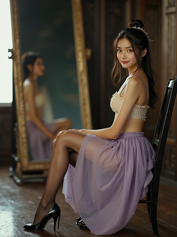 Grungy analog photo of a petite Chinese girl in a feudal Qin Dynasty imperial hall. She sits on a chair in front of a large mirror with her legs crossed. Wearing light purple mini skirt and cream wired foam bra. Black sheer stockings with lace straps and tied wet hair. Glossy sky-blue eyes. Looking at the camera, smiling softly. Full figure captured in frame, focusing on her leg and high heels on the floor. Flash photography, slightly overexposed and unedited with visible lens dust and film grain. Evoking nostalgic early-2000s vibe. Contrast between feudal and analog realism.