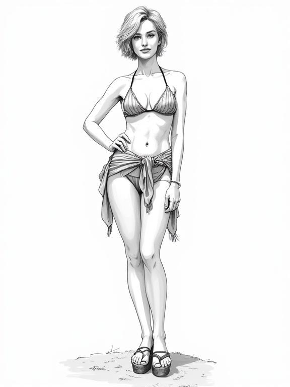 Illustration features a mature woman with short hair wearing a bikini and a sarong. The woman has a toned body showcasing abs. The artwork is in black and white and emphasizes outlines. She stands confidently in wedge platform sandals.