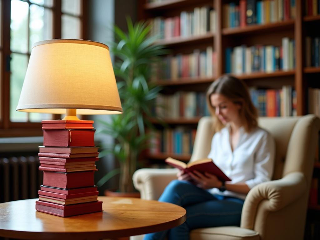 This image depicts a cozy reading nook inside a library or study room. A unique lamp made of stacked red books stands on a round, wooden table. In the background, there are tall bookshelves filled with colorful books, showcasing a variety of genres. A person is seated comfortably in a beige armchair, absorbed in reading a book. The room is lit by natural light streaming through large windows, creating a warm and inviting atmosphere.