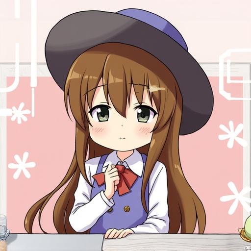 Anime illustration of a girl with a thoughtful expression. She wears a hat and is seated. The character has brown hair and a blue and white outfit. Her hands are positioned near her face.