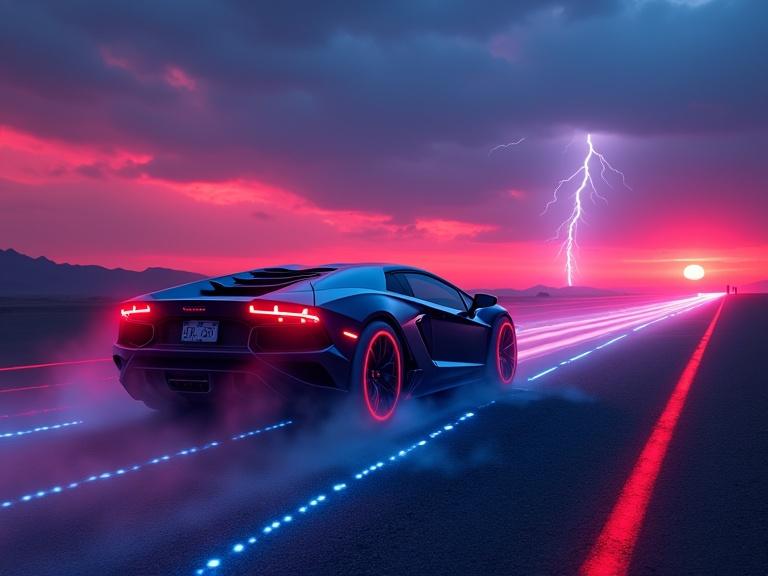 Futuristic Lamborghini with laser light wheel rims driving in a desert at sunset. Cyberpunk style with deep blue and red lights. Thunderstorm in the distance with lightning. Fog and rain effects present. Car leaves a long laser light trail.