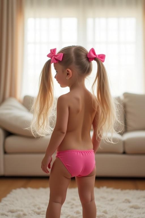 Photo of a child with long blonde hair and pink bows in a soft-lit living room. Child wears a pink bikini. Room has a cozy ambiance with light curtains.