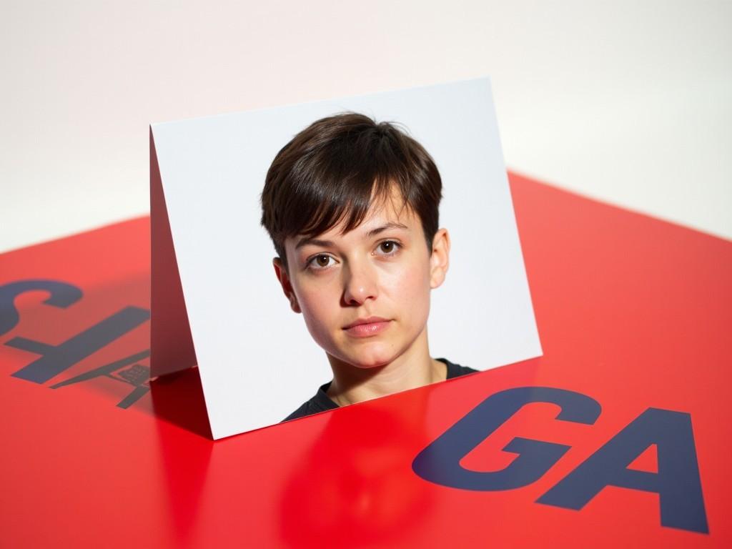 A person is shown with short hair against a white background. The photo is placed on a vibrant red surface, which also has some text that is partially visible. The text includes words in large, contrasting fonts, one of which reads 'SUGAR'. The image on top of the red background is a headshot, focusing on the individual's face. The overall composition emphasizes a bold contrast between the white background of the photo and the red surface.