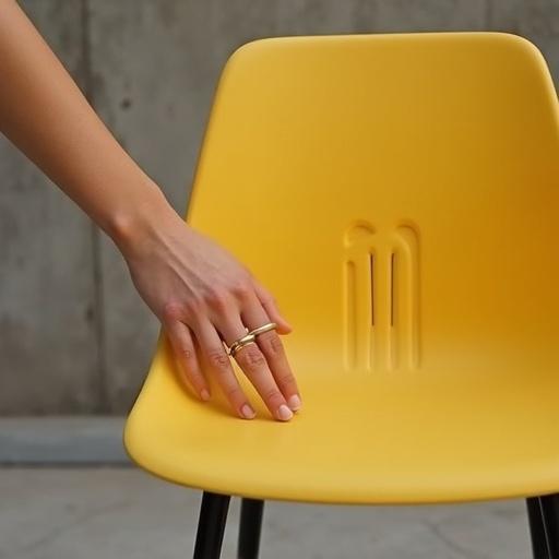 Close-up of a hand touching the backrest of a yellow outdoor chair. The hand is neutral in tone. The chair has a matte finish with a perforated 'M' logo and cylindrical black legs. Background is blurred concrete.