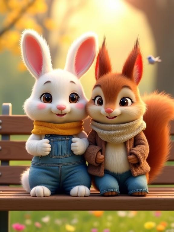 A white bunny with brown eyes wears denim overalls and yellow scarf. A red squirrel with a fluffy tail is in a brown cardigan and beige scarf. They sit side by side smiling on a wooden bench. The background shows a park with flowers and sunlight. The style is ultra-detailed and 3D-like.