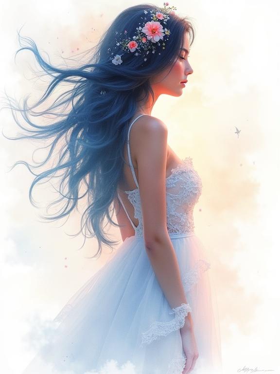 A mesmerizing artwork with a woman in a flowing dress and flowers in her hair. The woman is in profile with flowing hair. The background is ethereal and white. The art combines watercolor techniques with dynamic spaces.