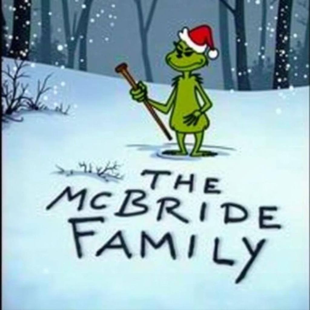 Grinch in a Santa hat holds a stick in a snowy landscape. The character stands over the text 'The McBride Family' written in the snow. Background shows trees with snow.