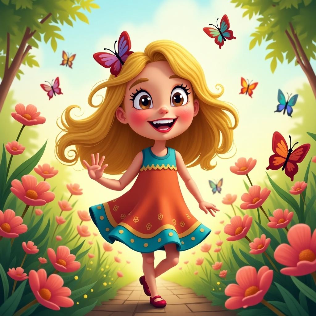 Jolly Molly. A young girl with golden hair in a colorful dress walking in a garden filled with flowers and butterflies. The background is bright and whimsical.