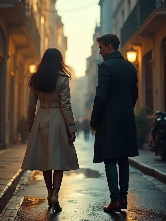 A cinematic shot shows a dark haired Italian woman in a light coat walking through a warm-toned city street. A handsome man in a dark coat looks into the camera. The scene is set in a mirrored cold-toned street. Dramatic lighting emphasizes the contrast between parallel worlds.