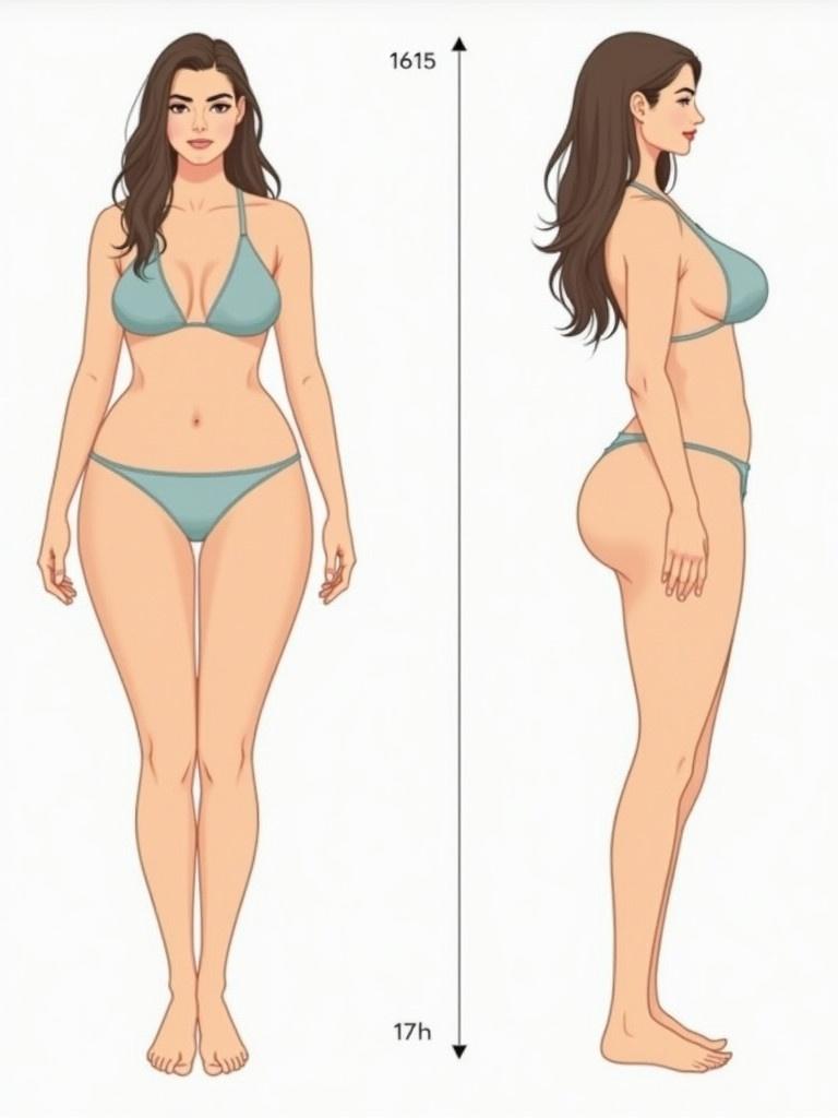 Visual representation of a curvy body shape based on measurements. Height is 165 cm. The weight is 73.9 kg. Waist measures 83 cm; chest is 94 cm; and hips are 117 cm. Body shape appears curvy with full hips and a defined waist. Includes front and side views.