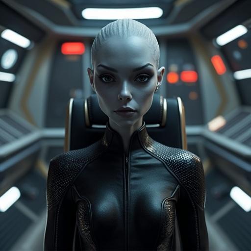 Female alien depicted as a starfleet officer with sleek attire seated in the captain's chair. The figure has grey skin and big black eyes. The setting is the bridge of a starfleet starship.