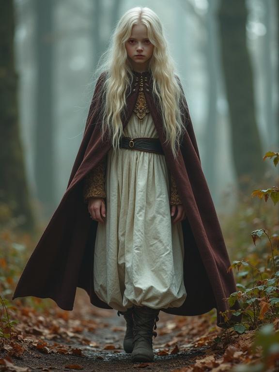 Photorealistic depiction of a tween girl in a misty forest. Girl has pale blond hair and vibrant red eyes. She wears a white and brown dress and boots, with a heavy cloak. The setting is deep in a fog-filled forest, enhancing the fantasy aesthetic.