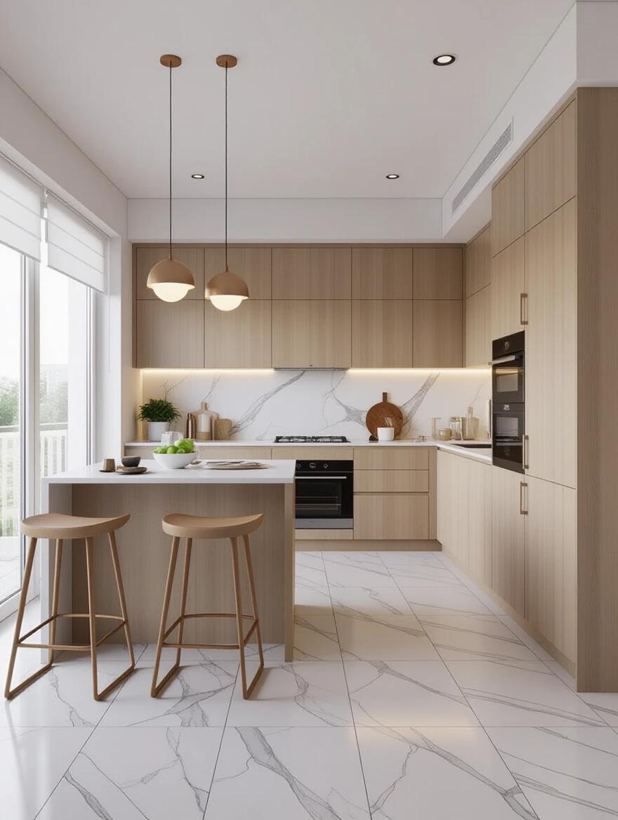 Modern sophisticated Brazilian kitchen design without people. High-quality MDF furniture with variations in wood finishes and colors. Marble or granite countertops with unique veining. Emphasis on storage solutions and intelligent design. Spacious environment with abundant natural light from windows showcasing a blurred Brazilian landscape. Functional lighting with recessed spots and LEDs. Minimalist decoration with tropical touches. Overall kitchen layout captures a contemporary style. Render quality resembles a professional architectural magazine photograph. Each generation features a unique kitchen layout and furniture design.