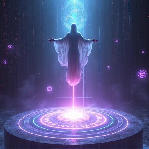 Futuristic oracle levitates with arms open above a glowing digital altar. Centered symmetrically with radiating neon rings and floating glyphs. Rendered in a fusion of synthwave and digital impressionism. Bathed in a top-down glow. Evokes a mystical, transcendent, and electrically calm mood.