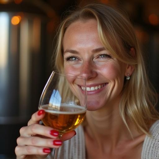 A woman is at a brewery, tasting a drink. She shows an indulgent smile and is featured in a close-up.