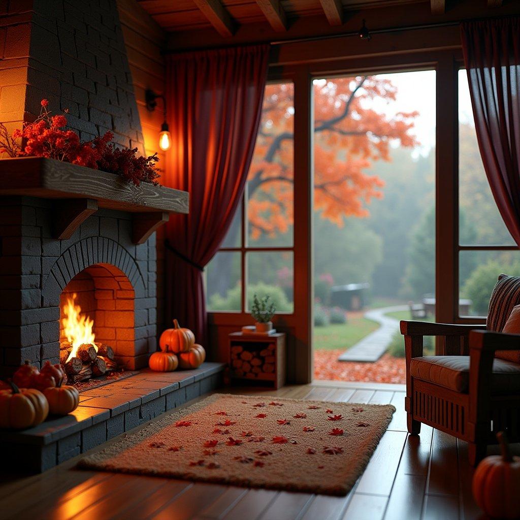 Cozy autumn farmhouse interior with a fireplace. Warm hues of orange and maroon. Outdoor view of vibrant fall leaves. Soft lighting enhances a welcoming atmosphere.