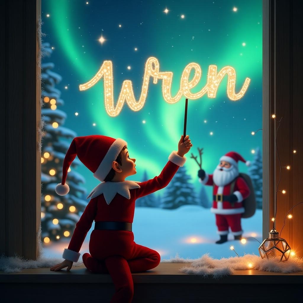 An elf on the shelf is positioned with their back to the viewer, facing a beautiful snowy outdoors scene. They are using a magic wand to elegantly write the name 'Wren' in sparkling light against the night sky. In the background, Santa Claus can be seen joyfully watching. The atmosphere is filled with enchanting northern lights illuminating the night. The window sill is decorated with warm fairy lights, contributing to the cozy and festive ambiance.