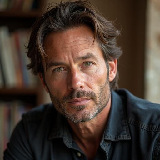 A thoughtful male actor sitting against a blurred background. He has relaxed yet contemplative body language. The image is rich with natural light and an inviting atmosphere. Emphasis on emotions projected through facial expression and body language.