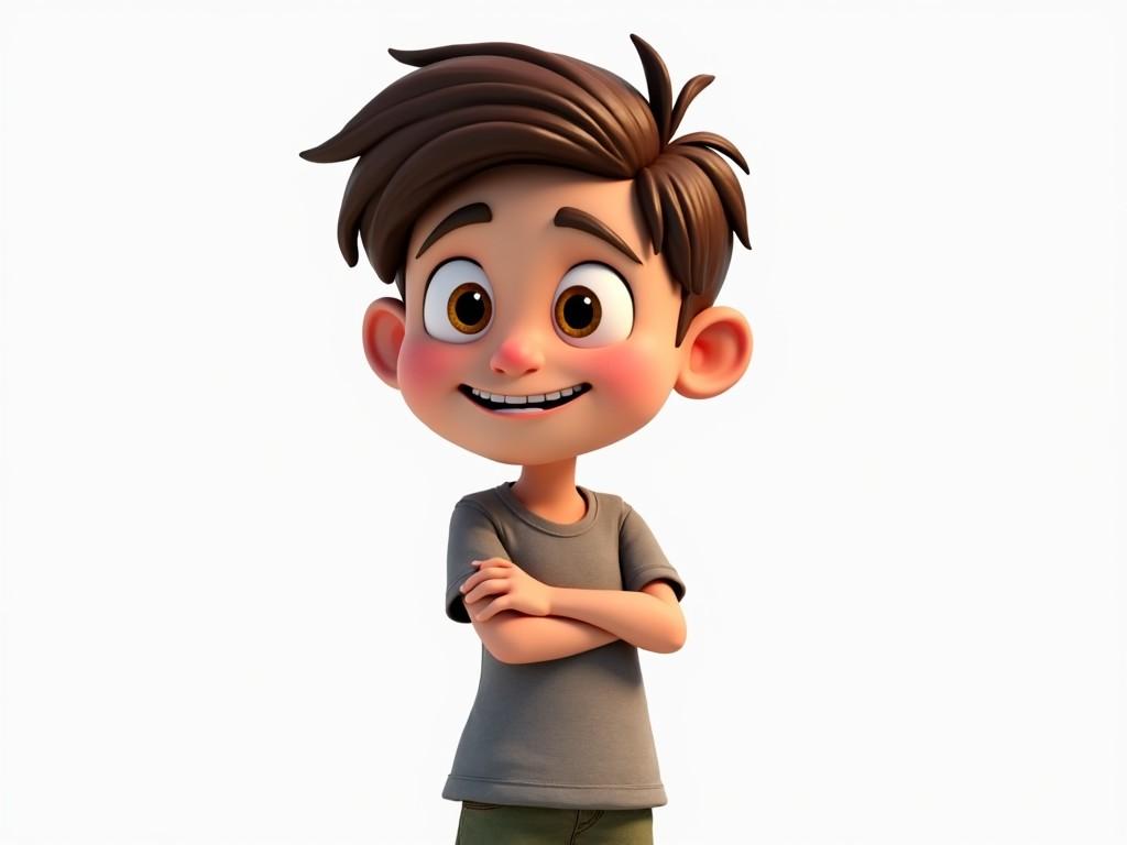 Create a 3D cartoon character of a young boy with a cheerful expression, dressed in casual clothing, standing with arms crossed.